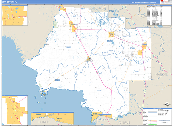 Levy County, FL Zip Code Wall Map
