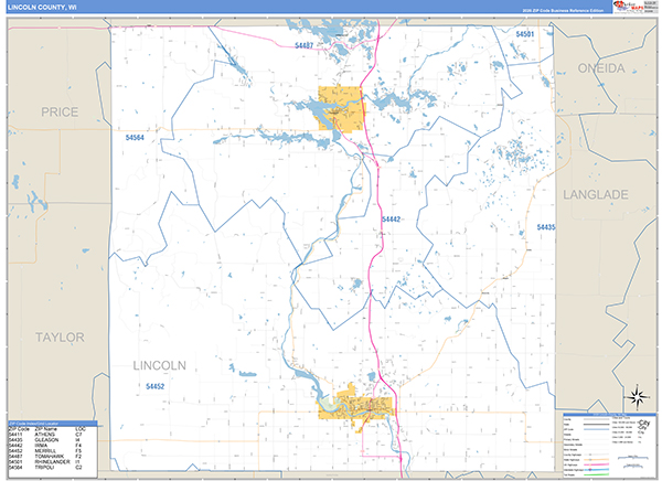 Lincoln County, WI Zip Code Wall Map