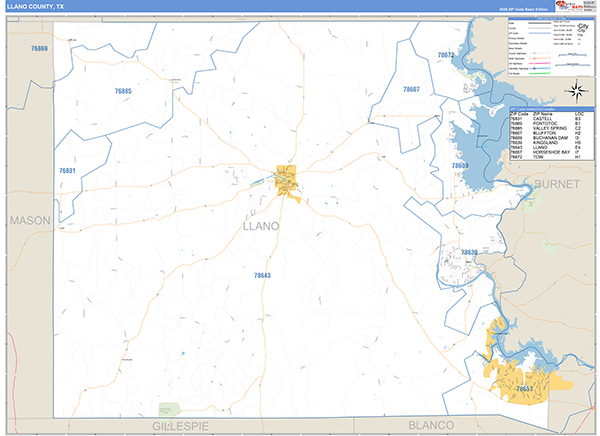 Llano County, TX Zip Code Map