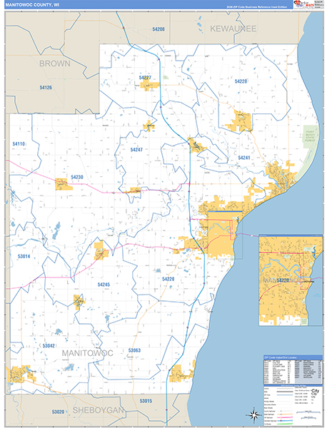 Manitowoc County, WI Zip Code Wall Map