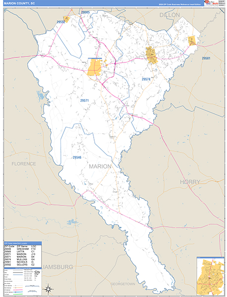 Marion County, SC Zip Code Wall Map