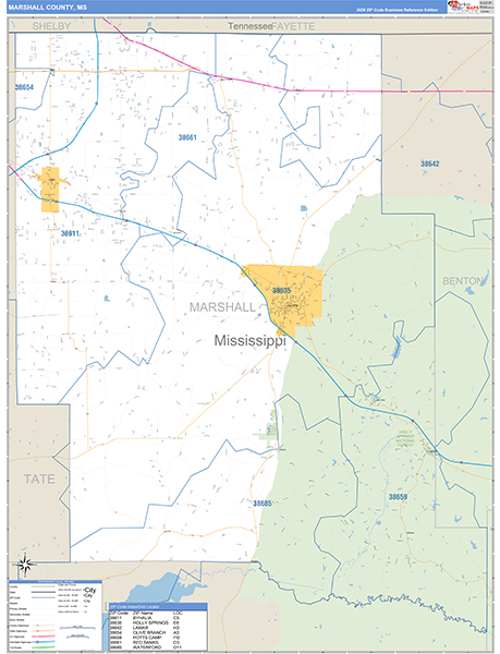 Marshall County, MS Zip Code Map