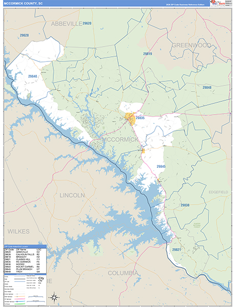 McCormick County, SC Zip Code Wall Map