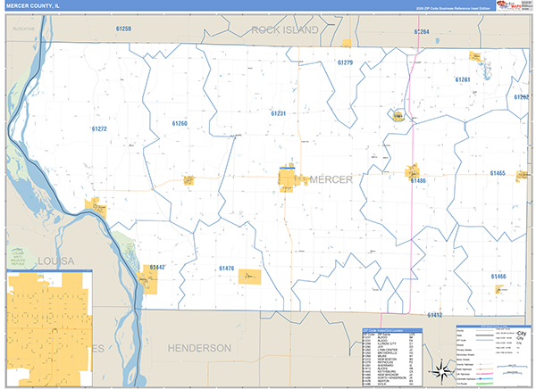 Mercer County, IL Wall Map Basic Style