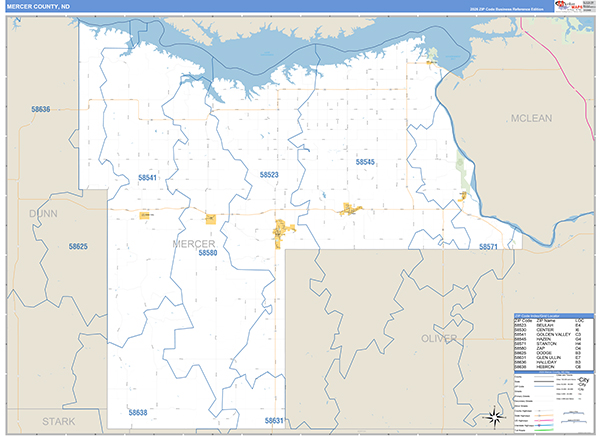 Mercer County, ND Zip Code Wall Map