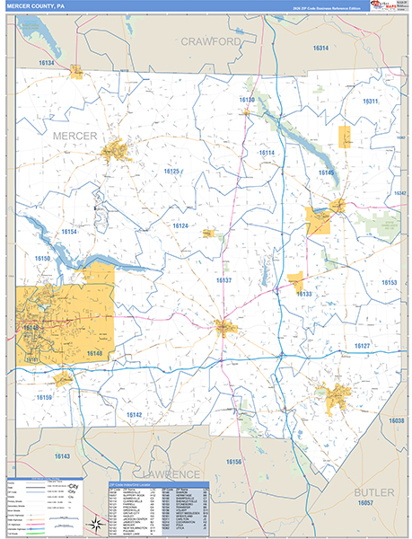 Mercer County, PA Zip Code Wall Map