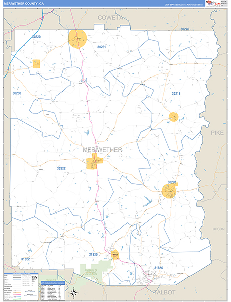 Meriwether County, GA Zip Code Wall Map