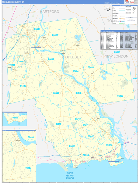 Middlesex County, CT Wall Map Basic Style