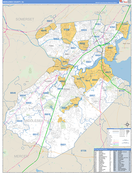 Middlesex County, NJ Zip Code Map