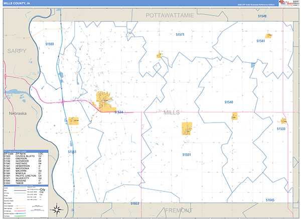 Mills County, IA Wall Map Basic Style