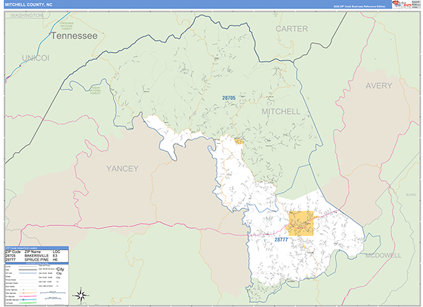 Mitchell County, NC Zip Code Wall Map