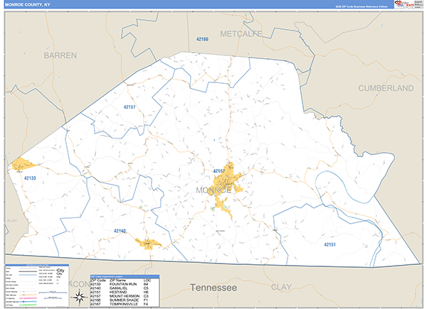 Monroe County, KY Zip Code Wall Map
