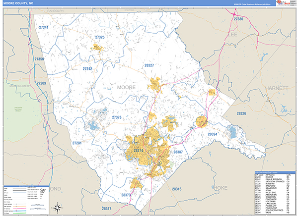Moore County, NC Zip Code Wall Map