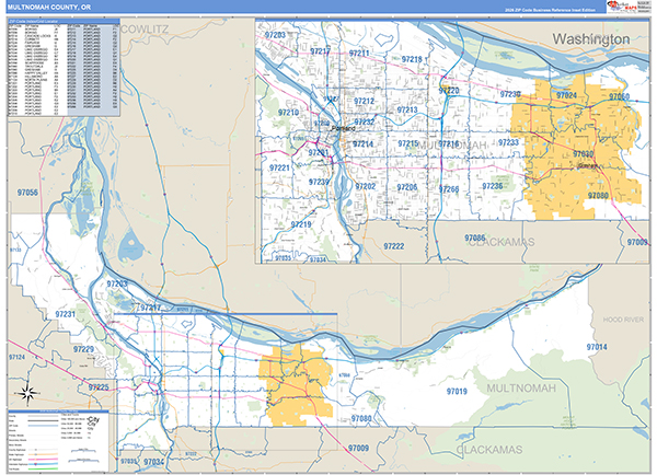 Multnomah County, OR Zip Code Wall Map