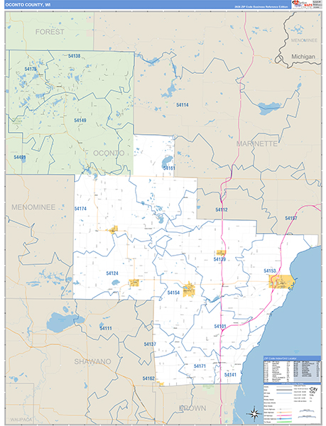 Oconto County, WI Zip Code Wall Map