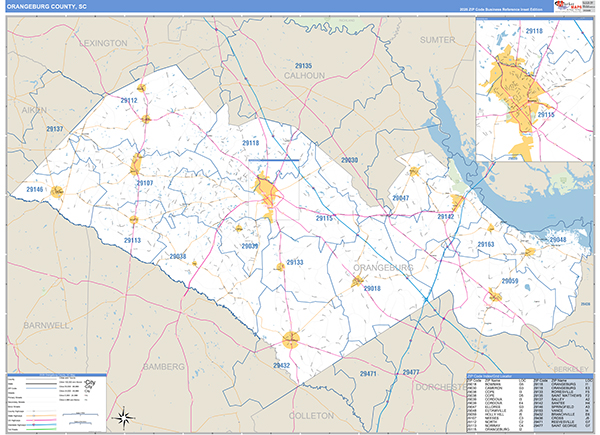 Orangeburg County, SC Zip Code Wall Map