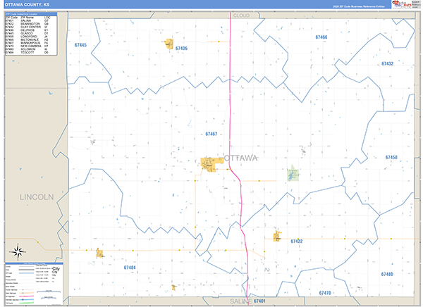 Ottawa County, KS Wall Map Basic Style