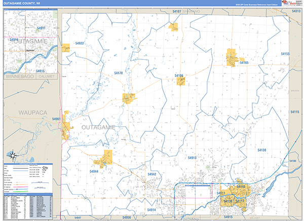 Outagamie County, WI Zip Code Wall Map