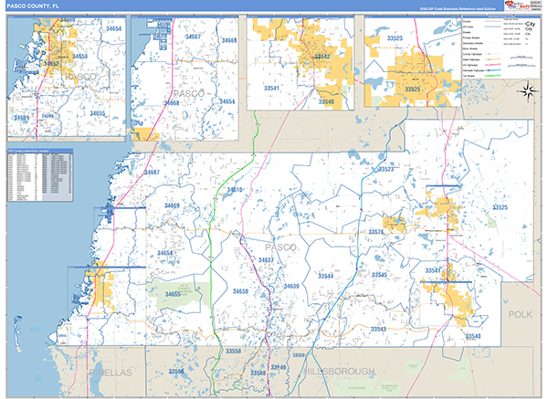 Pasco County Wall Map Basic Style