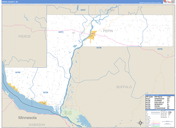 Pepin County, WI Zip Code Wall Map