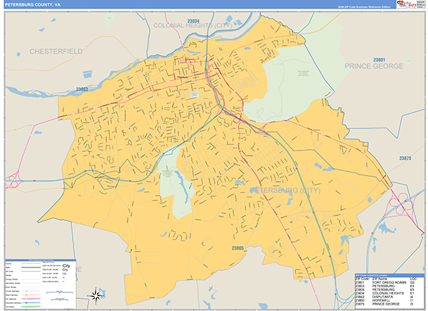 Petersburg County, VA Zip Code Wall Map