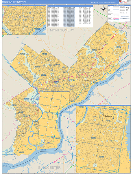 Philadelphia County, PA Zip Code Wall Map