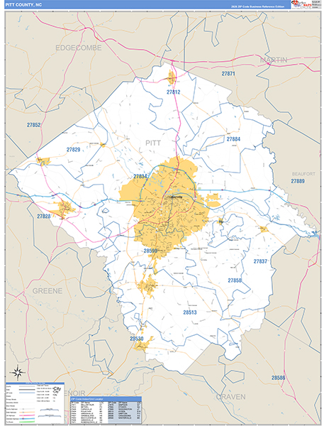 Pitt County, NC Zip Code Wall Map