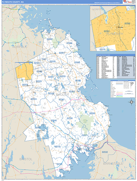 Plymouth County, MA Wall Map Basic Style