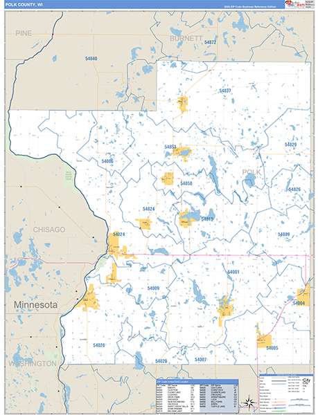 Polk County, WI Zip Code Wall Map