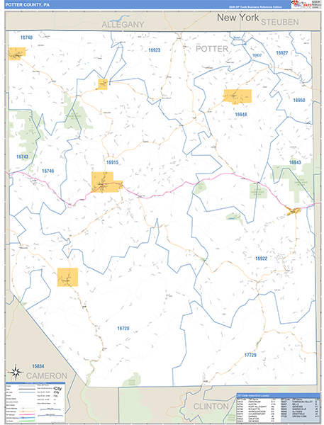 Potter County, PA Wall Map Basic Style