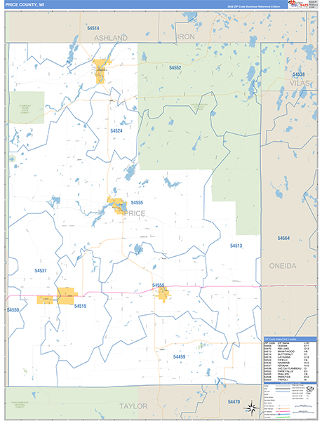 Price County, WI Zip Code Wall Map