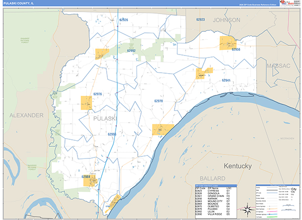 Pulaski County, IL Zip Code Wall Map