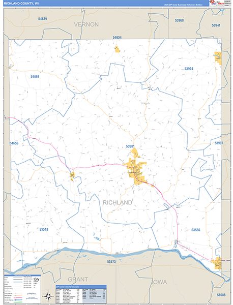Richland County, WI Zip Code Wall Map
