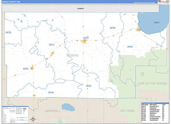 Roseau County, MN Zip Code Map