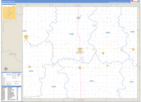 Rush County, KS Zip Code Wall Map