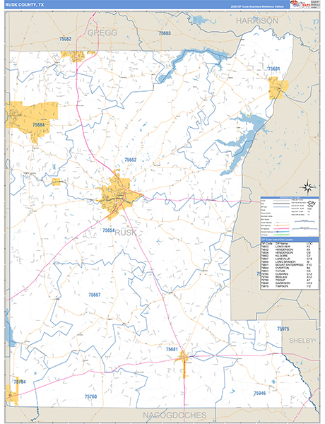 Rusk County, TX Zip Code Map