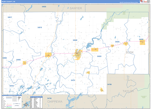 Rusk County, WI Zip Code Wall Map