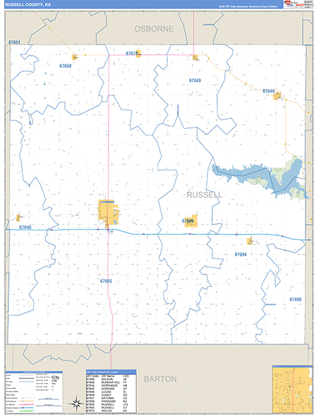 Russell County, KS Zip Code Wall Map