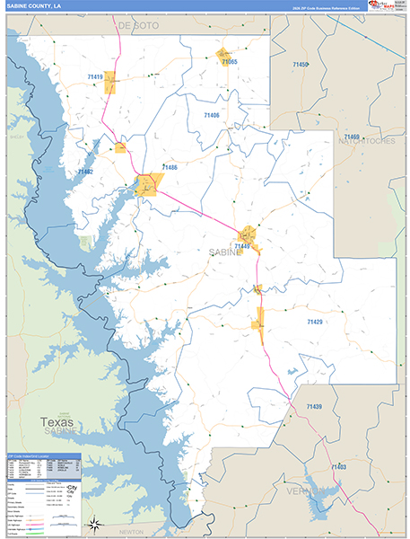 Sabine Parish (County), LA Wall Map Basic Style