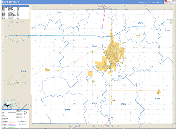 Saline County, KS Zip Code Wall Map