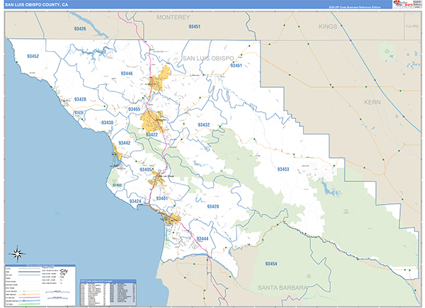 San Luis Obispo County, CA Zip Code Wall Map Basic Style by MarketMAPS ...