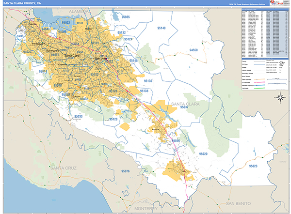 Santa Clara County, CA Zip Code Wall Map Basic Style by MarketMAPS ...