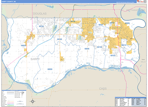 Sarpy County, NE Zip Code Wall Map