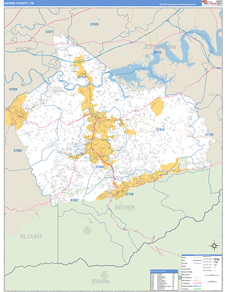 Sevier County, TN Zip Code Map