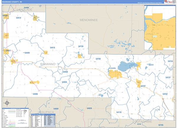 Shawano County, WI Zip Code Wall Map