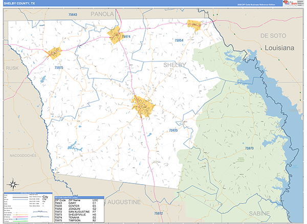 Shelby County, TX Zip Code Map