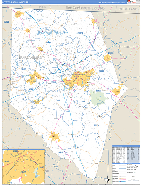 Spartanburg County, SC Zip Code Wall Map