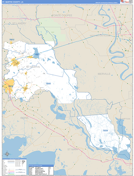 St. Martin County, LA Zip Code Wall Map Basic Style by MarketMAPS ...