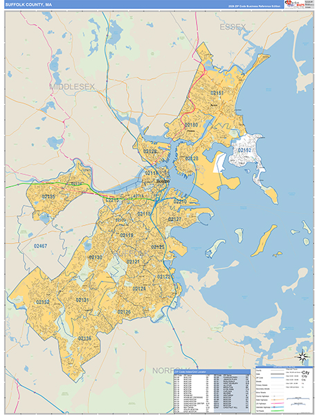 Suffolk County, MA Wall Map Basic Style