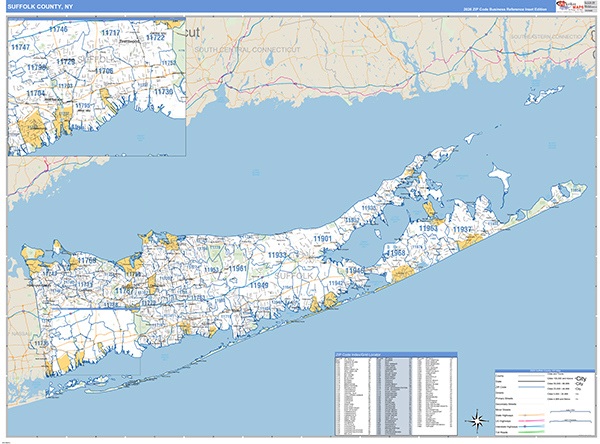 Suffolk County, NY Zip Code Wall Map